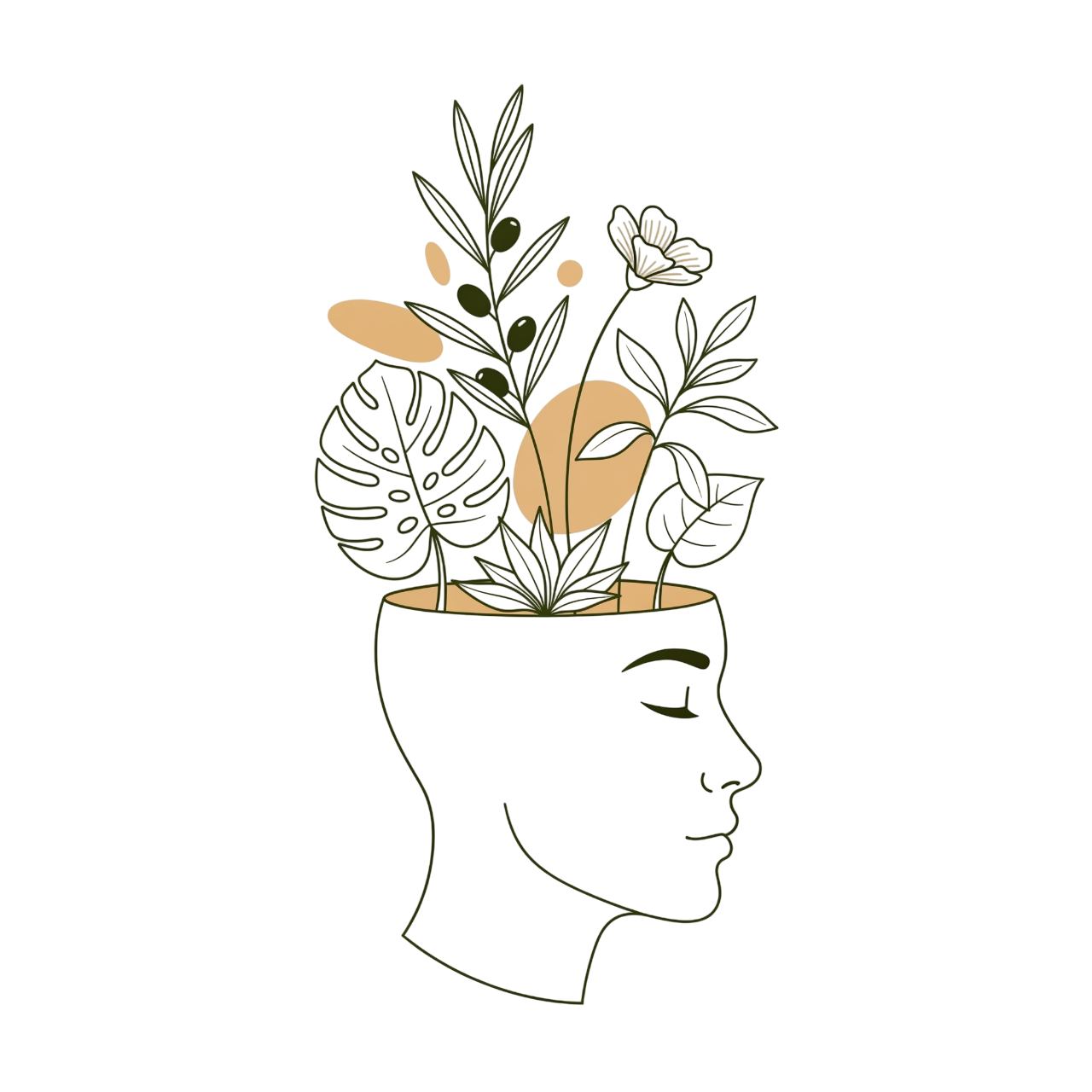 Ilustración de una cabeza con flores y plantas brotando, simbolizando la salud mental