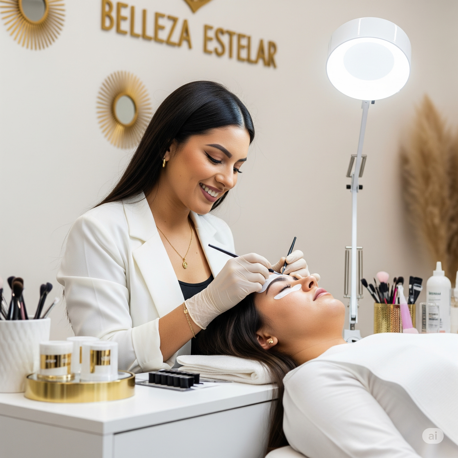 [Imagen de una profesional de belleza atendiendo a una clienta en un espacio moderno]